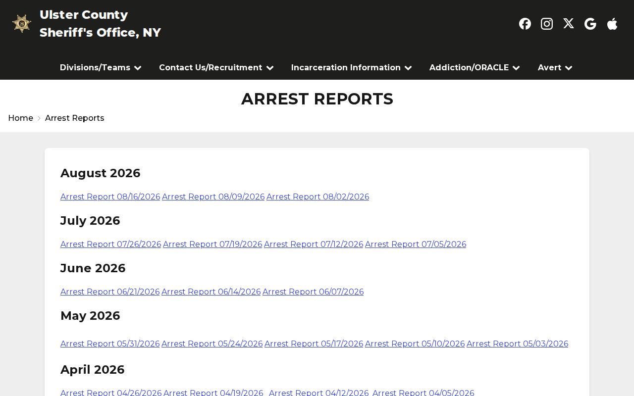 Ulster County Sheriff Arrest Reports directory for recent booking records
